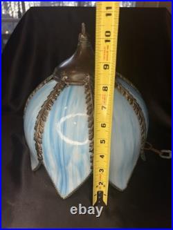 Vintage Mid Century Slag Glass Tulip Hanging Lamp shade Blue 8 Panels READ