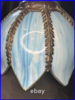 Vintage Mid Century Slag Glass Tulip Hanging Lamp shade Blue 8 Panels READ