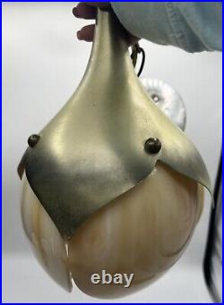 Vintage Mid Century Slag Glass Tulip Lotus Pendant Lamp Light Swag AS IS
