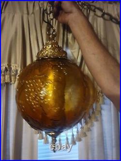 Vintage Mid Century Swag/Hanging Lamp Amber Glass Embossed Grapes Globe