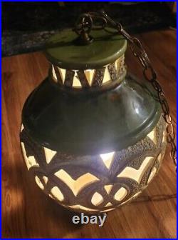 Vintage Mid Century Swag Lamp Light HANGING withChain Orb OPEN WORK GLOBE READ