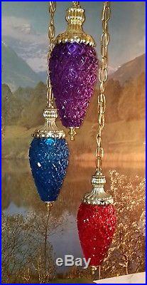 Vintage Mid Century Tricolor Red Blue Purple Hanging Swag Lamp 3 Tier Light