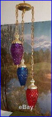 Vintage Mid Century Tricolor Red Blue Purple Hanging Swag Lamp 3 Tier Light