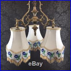 Vintage Mid Century Triple Beaded Brass Hanging Ceiling Light Lamp MCM Swag