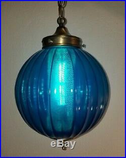 Vintage Mid Century Turquoise Blue Ball Shade Glass Hanging Swag Lamp