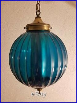 Vintage Mid Century Turquoise Blue Ball Shade Glass Hanging Swag Lamp