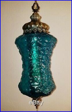 Vintage Mid Century Turquoise Blue Moon Space Texture Glass Hanging Swag Lamp