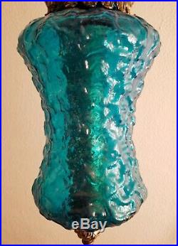 Vintage Mid Century Turquoise Blue Moon Space Texture Glass Hanging Swag Lamp