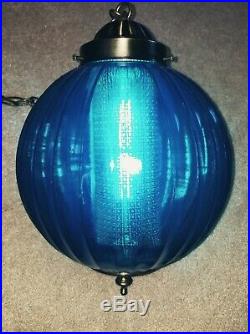 Vintage Mid Century Turquoise Blue Ribbed Glass Ball Shade Hanging Swag Lamp