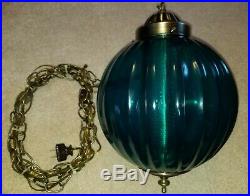 Vintage Mid Century Turquoise Blue Ribbed Glass Ball Shade Hanging Swag Lamp