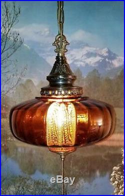 Vintage Mid Century UFO Amber Blown Optic Glass Hanging Swag Lamp