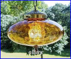 Vintage Mid Century UFO Amber Optic Glass Hanging Swag Lamp Light