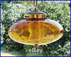 Vintage Mid Century UFO Amber Optic Glass Hanging Swag Lamp Light