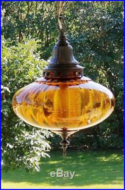 Vintage Mid Century UFO Amber Ribbed Optic Glass Hanging Swag Lamp Light #2