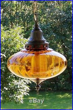 Vintage Mid Century UFO Amber Ribbed Optic Glass Hanging Swag Lamp Light #2