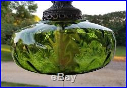 Vintage Mid Century UFO Green Optic Glass Hanging Swag Lamp Pull Chain Light