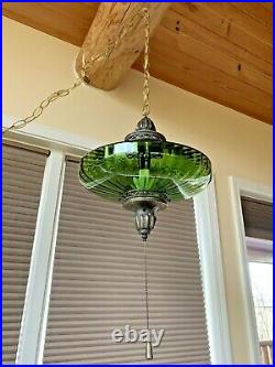 Vintage Mid Century Ufo Electric Green Optic Glass Hanging Swag Lamp Light 1960s