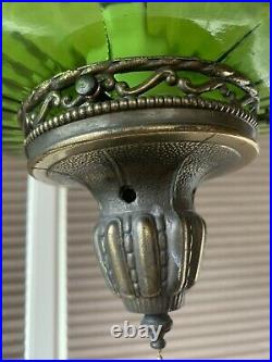 Vintage Mid Century Ufo Electric Green Optic Glass Hanging Swag Lamp Light 1960s
