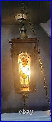 Vintage Mid-Century Wooden Swag Lamp Stained Glass Panels Floral Pull Chain