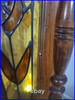Vintage Mid-Century Wooden Swag Lamp Stained Glass Panels Floral Pull Chain