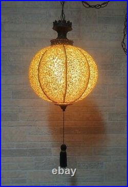 Vintage Mid-century Modern Gravel Globe Pull Chain Ornate Swag Lamp Light