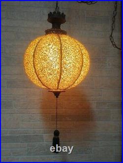 Vintage Mid-century Modern Gravel Globe Pull Chain Ornate Swag Lamp Light