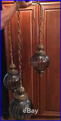Vintage Mid century Swag Hanging Light Lamp Gorgeous Smoked Glass 3 Globe