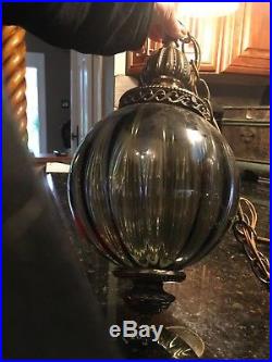 Vintage Mid century Swag Hanging Light Lamp Gorgeous Smoked Glass 3 Globe