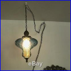 Vintage Midcentury Swag Lamp Blue Glass Retro Hanging Wall Lamp