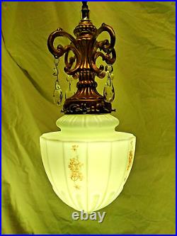 Vintage Milk Glass Acorn Shape Pink Floral Hanging Swag Lamp Light 16 x 8