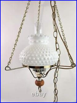 Vintage Milk Glass Hanging Light Hurricane Lamp Farmhouse Brass Wooden Knob