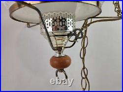 Vintage Milk Glass Hanging Light Hurricane Lamp Farmhouse Brass Wooden Knob