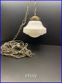 Vintage Milk Glass Schoolhouse Pendant Light Swag Lamp Brushed Bronze 9