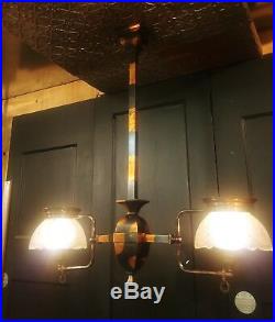 Vintage Mission Style Japanned Copper Hanging Gas Lamp Converted to Electric