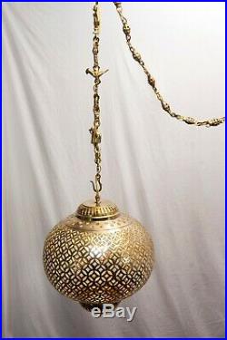 Vintage Moroccan Brass Ceiling Light Fixture Hanging Lamp Chandelier with11' Chain