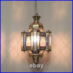 Vintage Moroccan Brass Lantern with Blue Glass Panels Ornate Hanging Lamp
