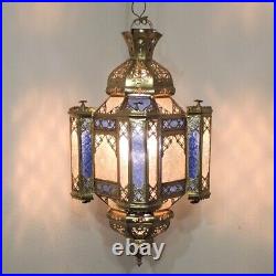Vintage Moroccan Brass Lantern with Blue Glass Panels Ornate Hanging Lamp