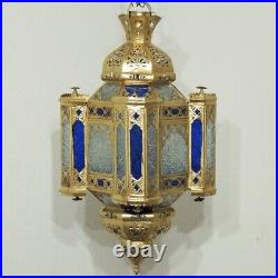 Vintage Moroccan Brass Lantern with Blue Glass Panels Ornate Hanging Lamp