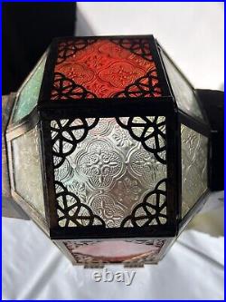 Vintage Moroccan Hanging Lantern Multi Color Glass & Brass Like Look