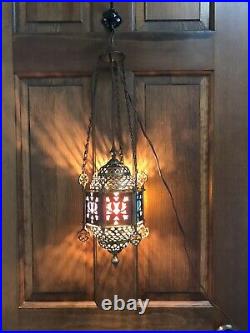 Vintage Moroccan Turkish Pierced Brass Hanging Swag Lamp Light