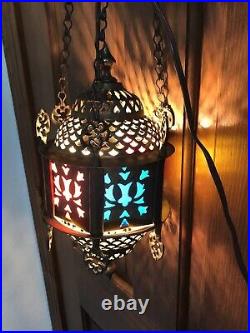 Vintage Moroccan Turkish Pierced Brass Hanging Swag Lamp Light