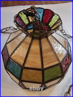 Vintage Multi Colored Stained Glass Swag Hanging Lamp Kitchen Parlor Bar Works