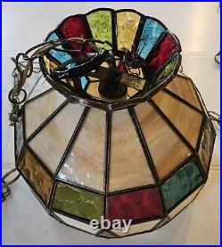 Vintage Multi Colored Stained Glass Swag Hanging Lamp Kitchen Parlor Bar Works
