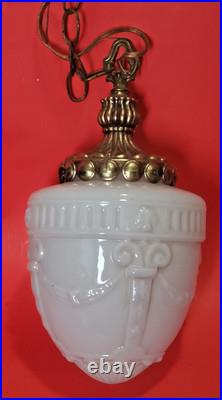 Vintage Neoclassical Milk Glass Swag Pendant Lamp Hollywood Regency Relief