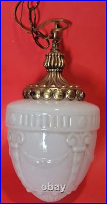 Vintage Neoclassical Milk Glass Swag Pendant Lamp Hollywood Regency Relief