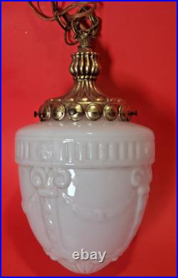 Vintage Neoclassical Milk Glass Swag Pendant Lamp Hollywood Regency Relief