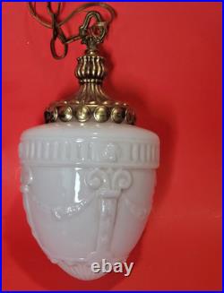 Vintage Neoclassical Milk Glass Swag Pendant Lamp Hollywood Regency Relief