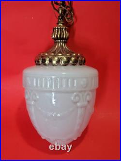Vintage Neoclassical Milk Glass Swag Pendant Lamp Hollywood Regency Relief