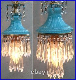 Vintage Ocean Blue beads Lady cupcake glass crystal Brass SWAG lamp chandelier