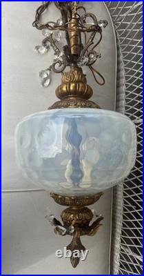 Vintage Opalescent Hollywood Regency Hanging Swag Light Fixture Lamp